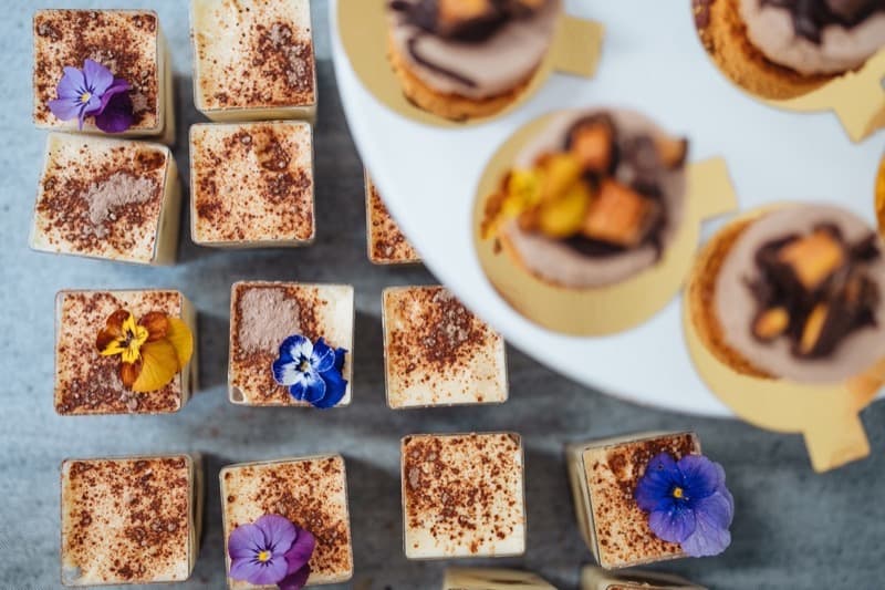 Tiramisu with flowers overhead at Adelaide dessert grazing table