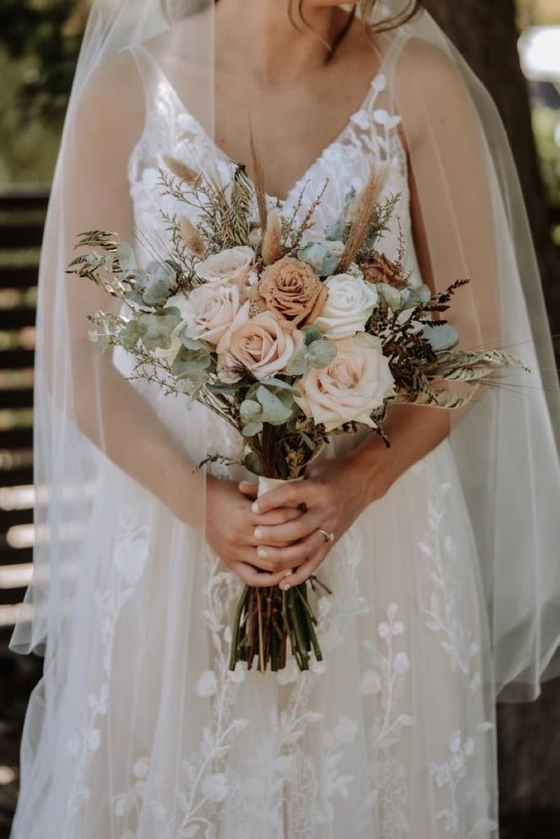 Adelaide bridal bouquet with neutral toned roses and greenery